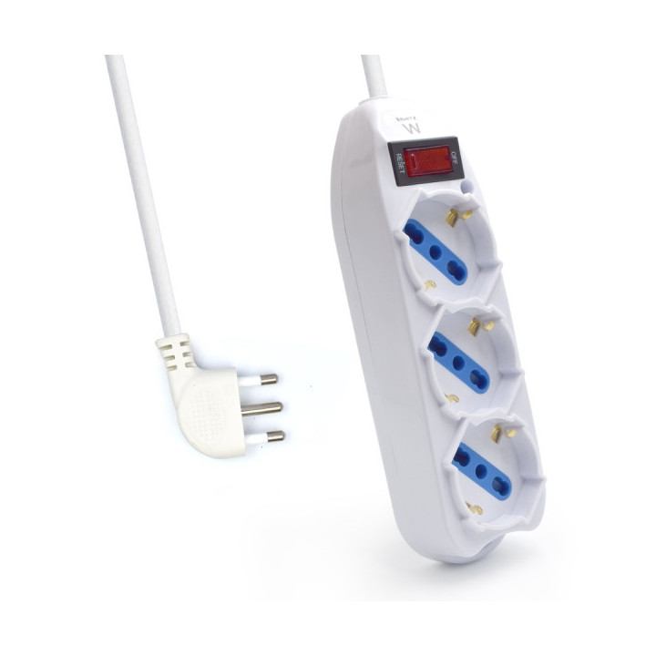 Ewent Regleta con 3 Tomas Tipo L/F (Schuko) de 10/16A - Interruptor On/Off - Enchufe Italiano Plano en Angulo - Cable de 1.5m -