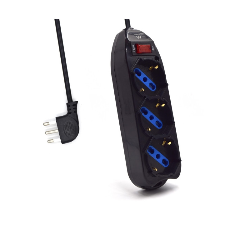 Ewent Regleta con 3 Tomas Tipo L/F (Schuko) de 10/16A - Interruptor On/Off - Enchufe Italiano Plano en Angulo - Cable de 1.5m -