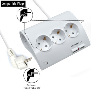 Ewent Regleta de Energia - 5 enchufes - Version Schuko - 16A -  2 Puertos USB - Cable de 1.5m - Color Blanco