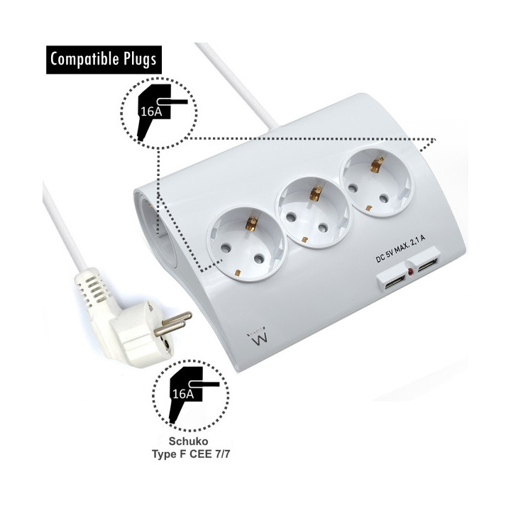 Ewent Regleta de Energia - 5 enchufes - Version Schuko - 16A -  2 Puertos USB - Cable de 1.5m - Color Blanco