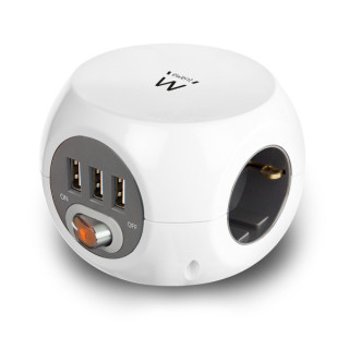Ewent Regleta con 6 Tomas de Sobremesa - 3x Schuko 16A - 3x USB-A - Interruptor On/Off - Cable de 1.5m - Forma de Cubo - Color