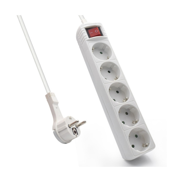 Ewent Regleta de 5 Tomas Schuko 16A - Proteccion Infantil - Interruptor On/Off - Cable de 1.5m - Enchufe Schuko Plano en Angulo