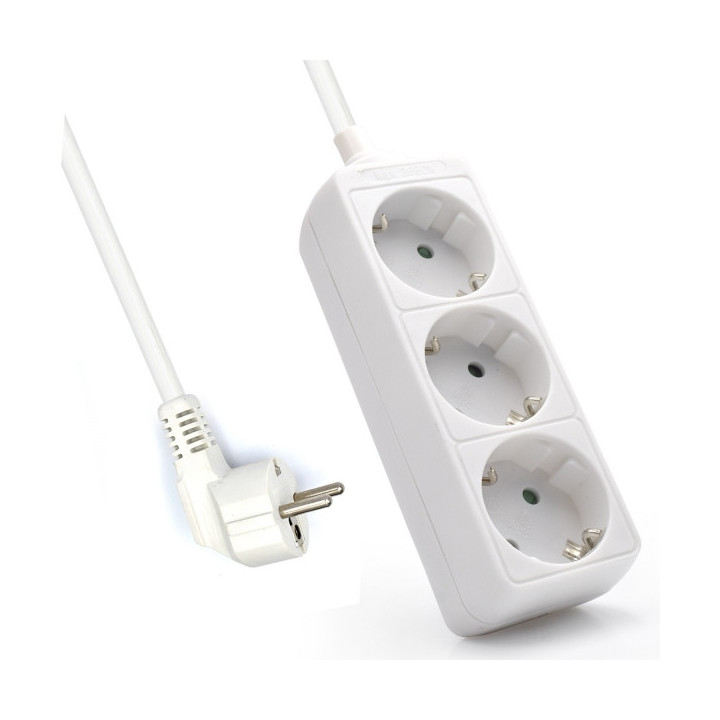 Ewent Regleta de 3 Tomas Schuko 16A - Proteccion Infantil - Cable de 1.5m - Enchufe Schuko Plano en Angulo - Color Blanco