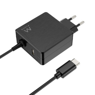 Ewent Cargador de Pared USB-C de 65W - Power Delivery - USB-A Extra - Cable de 1.5m - Proteccion Electrica - Color Negro