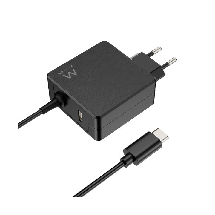 Ewent Cargador de Pared USB-C de 65W - Power Delivery - USB-A Extra - Cable de 1.5m - Proteccion Electrica - Color Negro