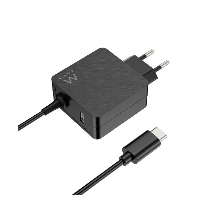Ewent Cargador de Pared USB-C de 45W - Power Delivery - USB-A Extra - Cable de 1.5m - Proteccion Electrica - Color Negro