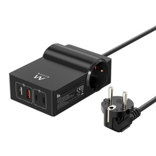 Ewent Cargador USB con 2 Tomas de Corriente Tipo Schuko 16A - 65W GaN - 2x USB-A - 2x USB-C - Cable de 1.5m - Proteccion Infant