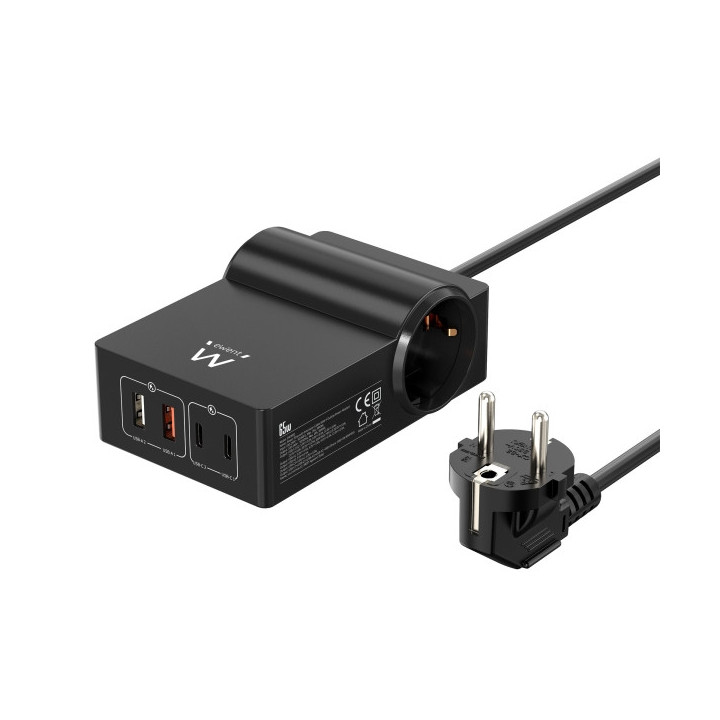 Ewent Cargador USB con 2 Tomas de Corriente Tipo Schuko 16A - 65W GaN - 2x USB-A - 2x USB-C - Cable de 1.5m - Proteccion Infant