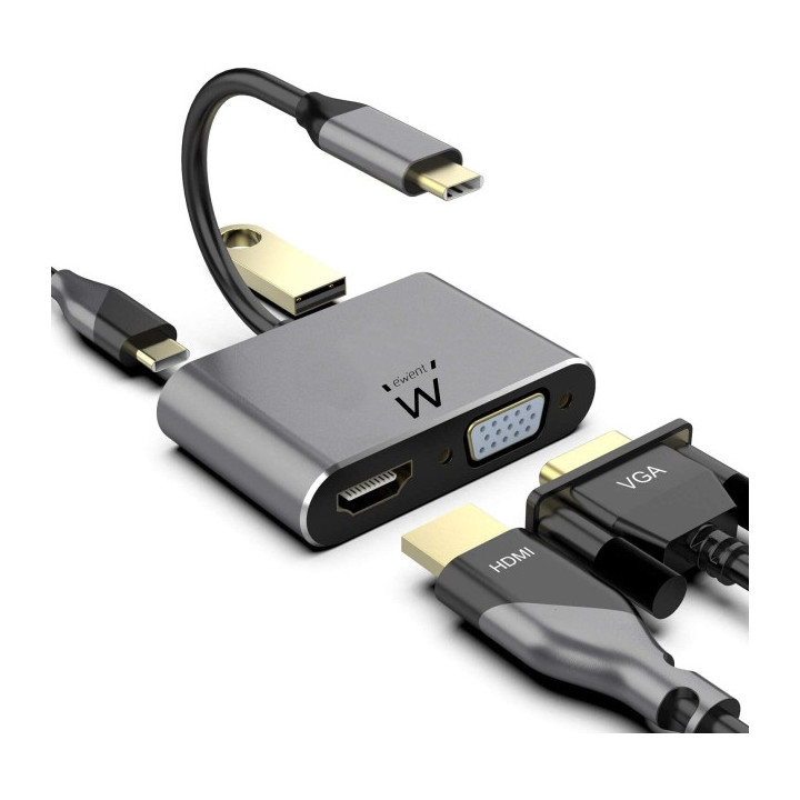 Ewent Hub 4 en 1 - HDMI - VGA - USB 3.2 Gen1 - USB-C PD 60W - Color Aluminio