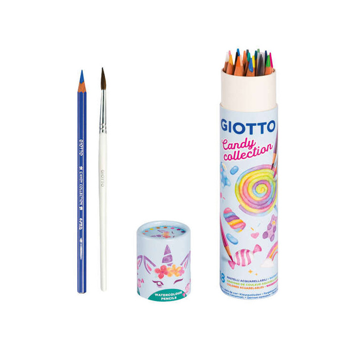Giotto Candy Collection Acquarell Bote de 18 Lapices de Colores Acuarelables Hexagonales + Pincel - Colores Surtidos