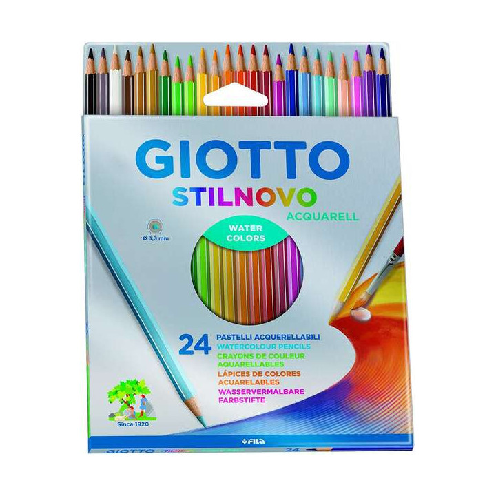 Giotto Stilnovo Acquarell Pack de 24 Lapices de Colores Acuarelables Hexagonales - Mina 3.3 mm - Madera - Colores Surtidos
