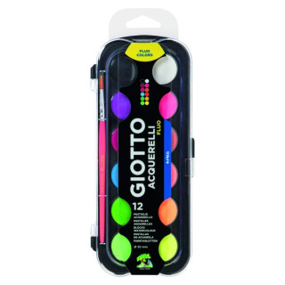 Giotto Fluo Pack de 12 Acuarelas - 1 Pincel Incluido - Diametro Pastilla 30mm - Colores Fluorescentes