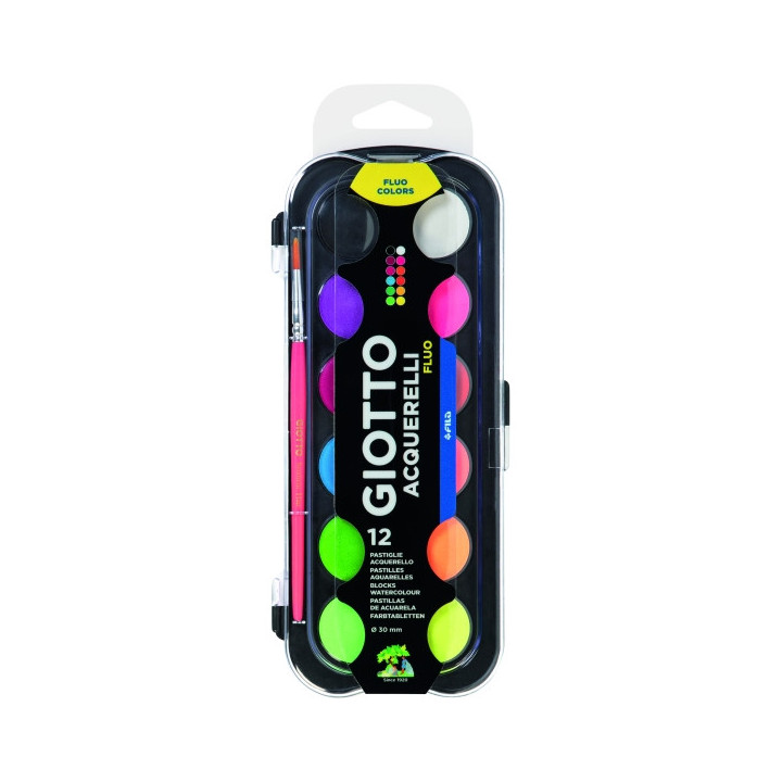 Giotto Fluo Pack de 12 Acuarelas - 1 Pincel Incluido - Diametro Pastilla 30mm - Colores Fluorescentes