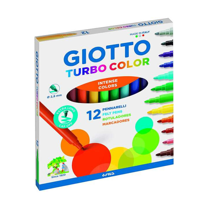 Giotto Turbo Color Pack de 12 Rotuladores - Punta Fina 2.8 mm. - Tinta al Agua - Lavable - Colores Surtidos