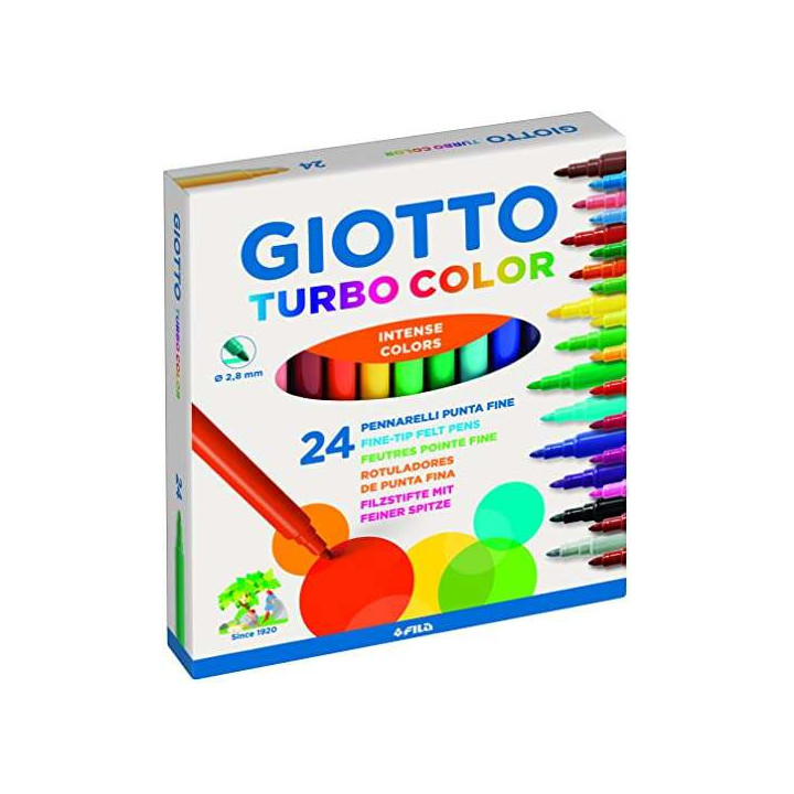 Giotto Turbo Color Pack de 24 Rotuladores - Punta Fina 2.8 mm. - Tinta al Agua - Lavable - Colores Surtidos