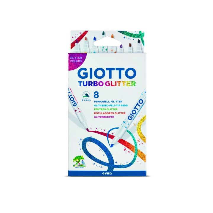 Giotto Turbo Glitter Pack de 8 Rotuladores con Tinta de Purpurina - Punta Fina 2.8mm - Colores Surtidos