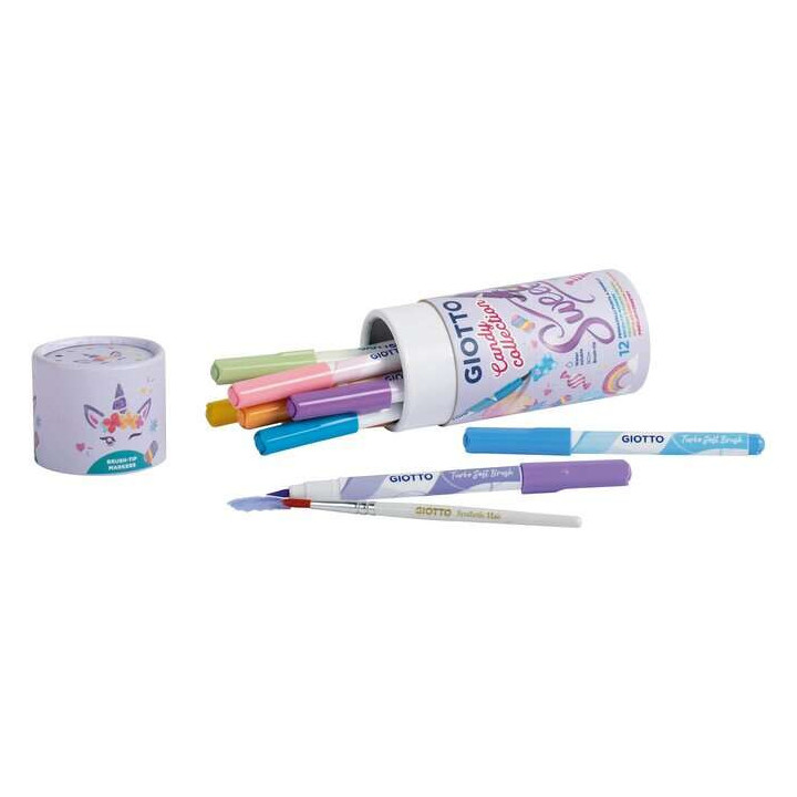 Giotto Candy Collection Turbo Soft Brush Bote de 12 Rotuladores Punta Pincel + Pincel - Colores Pastel Surtidos