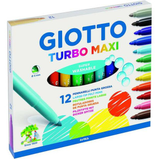 Giotto Turbo Maxi Pack de 12 Rotuladores - Punta Gruesa  5mm - Tinta al Agua - Lavable - Colores Surtidos