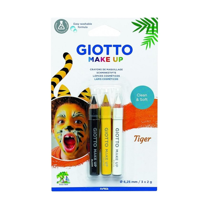 Giotto Make Up Tiger Pack con 3 Lapices Cosmeticos de Tematica Tigre - Se Lava con Agua - Dermatologicamente Testado - Colores