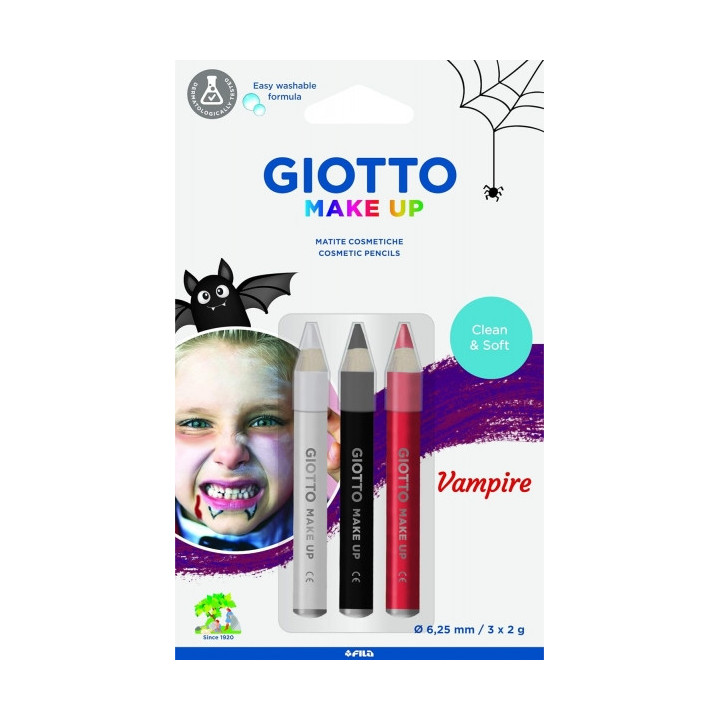 Giotto Make Up Vampire Pack con 3 Lapices Cosmeticos de Tematica Vampiro - Se Lava con Agua - Dermatologicamente Testado - Colo