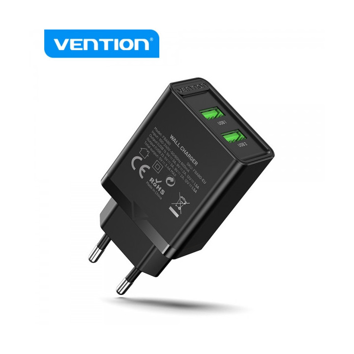 Vention Cargador de Pared 2xUSB-A 3A 18W - Carga rapida - Color Negro