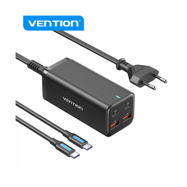 Vention Cargador GaN Portable 4 Puertos Sobremesa PD100W Kit Cable - EU - Color Negro