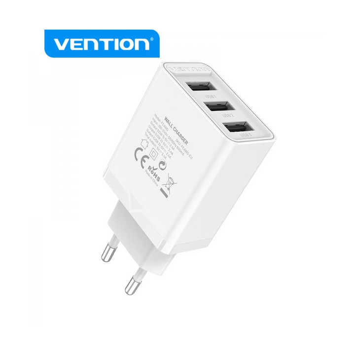 Vention Cargador de Pared USB-Ax3 2.4A 12Wx3 - Carga rapida - Color Blanco