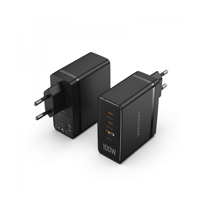 Vention Cargador GaN de Pared 2xUSB-C a 1xUSB 100W - Color Negro