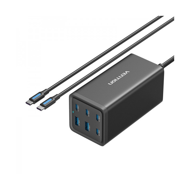 Vention Cargador GaN Portable 6 Puertos (200W/140W/45W/20W/18W/18W) - Kit Cable Negro EU