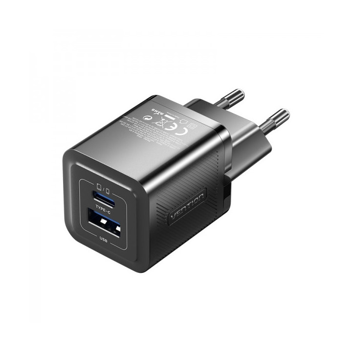 Vention Cargador de Pared GaN 2 Puertos USB (C+A) (30W/30W) - Carga rapida EU - Color Negro
