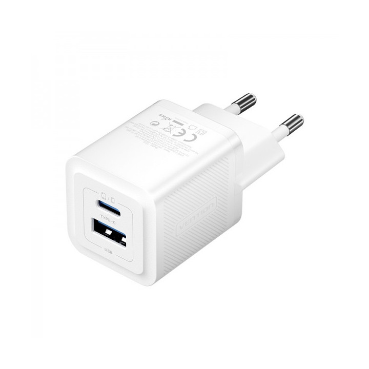 Vention Cargador de Pared GaN 2 Puertos USB (C+A) (30W/30W) - Carga rapida EU - Color Blanco