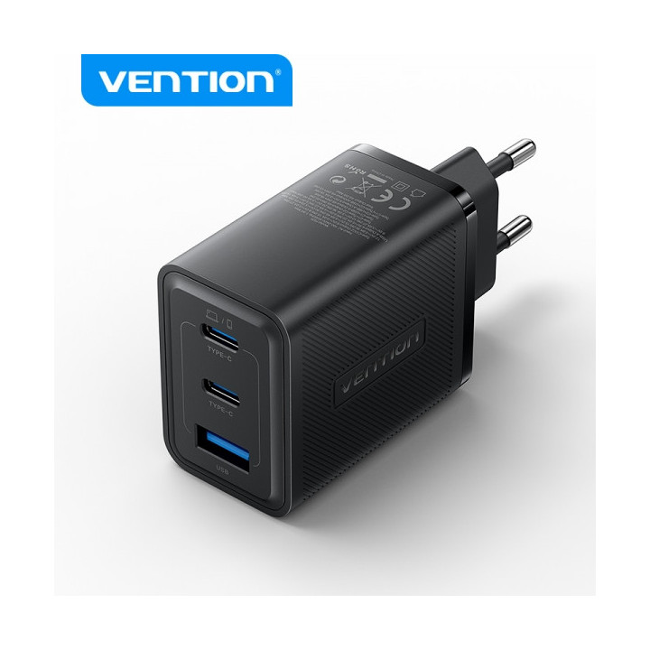 Vention Cargador de Pared GaN 3 Puertos USB (C + C + A) (65W/65W/30W) - EU - Color Negro