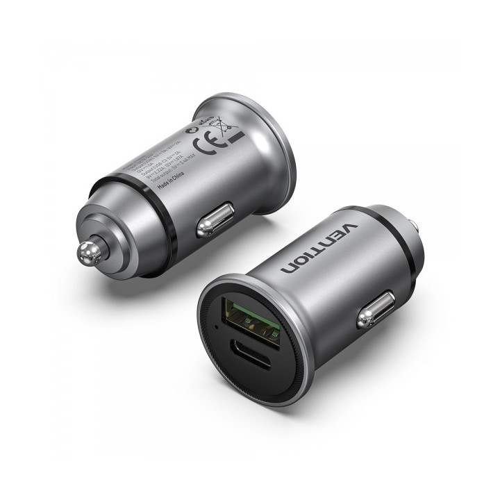 Vention Cargador de Coche 20W 2xUSB (A+C) QC4.0 3.4A - Diseño Mini - Aluminio Gris
