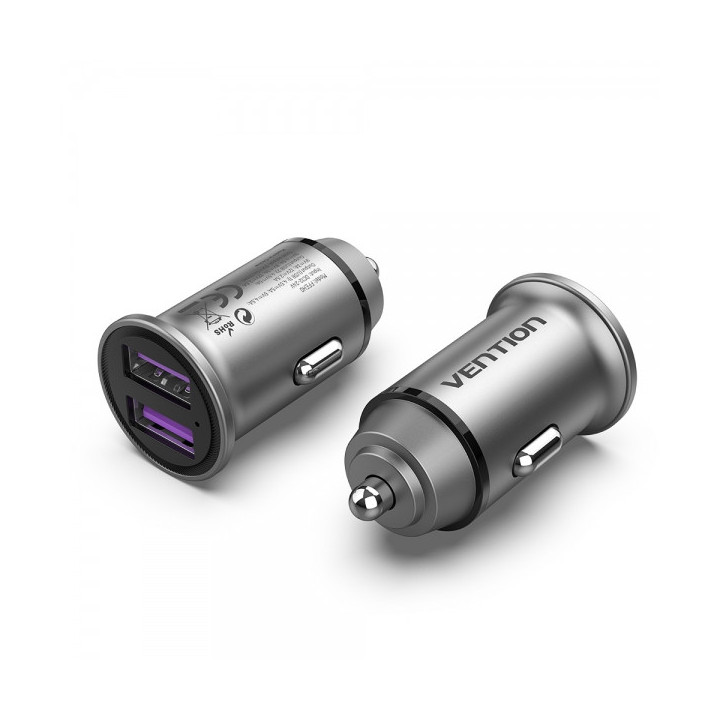 Vention Cargador de Coche 30W 2xUSB (A) QC3.0 5A - Diseño Mini - Aluminio Gris
