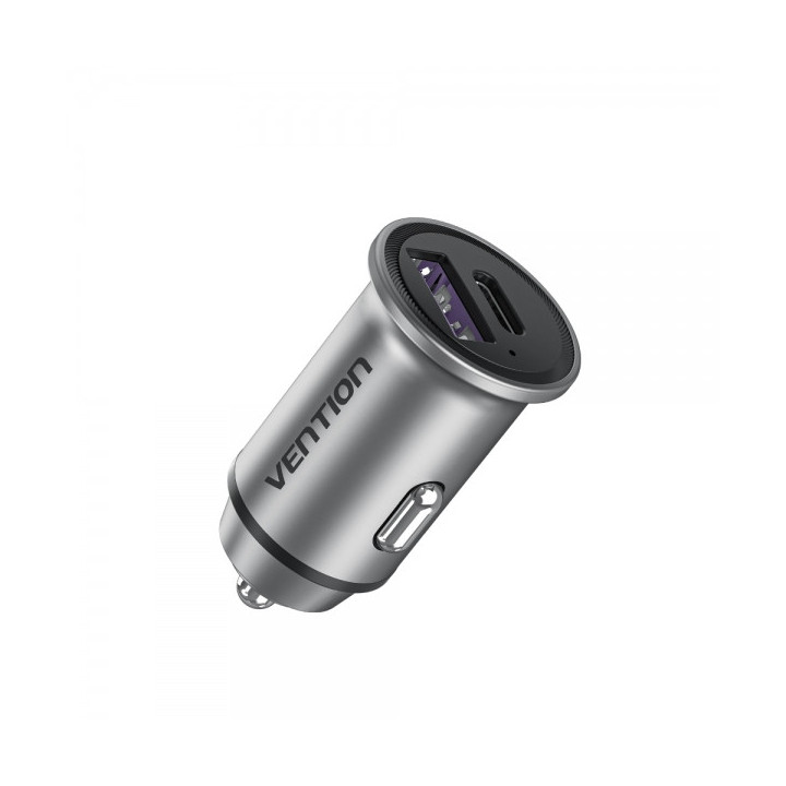 Vention Cargador de Coche 30W 2xUSB (A+C) QC4.0 5A - Diseño Mini - Aluminio Gris