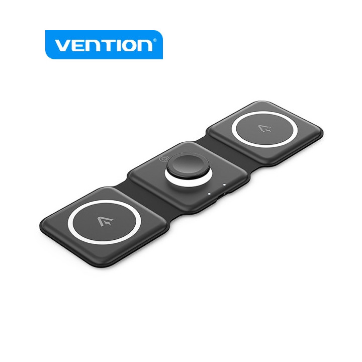 Vention FGG Plataforma de Carga Inalambrica 3 en 1 con MagSafe - Carga Rapida 15W - Luz Nocturna LED - Color Negro