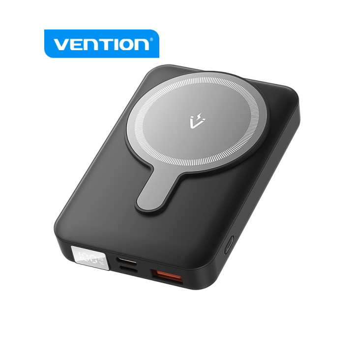 Vention Powerbank Inalambrico Magnetico 10000 mAh - Pantalla LED - Carga Rapida 22.5 W - USB-C/Lightning/USB-A - Color Negro
