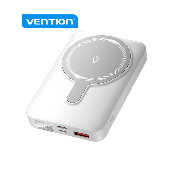 Vention Powerbank Inalambrico Magnetico 10000 mAh - Pantalla LED - Carga Rapida 22.5 W - USB-C/Lightning/USB-A - Color Blanco