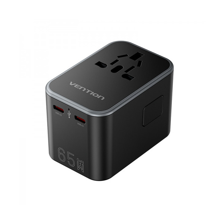Vention Adaptador de Viaje Universal GaN 65W - 3 Puertos USB (C+C+A 65W/65W/30W) - Color Negro