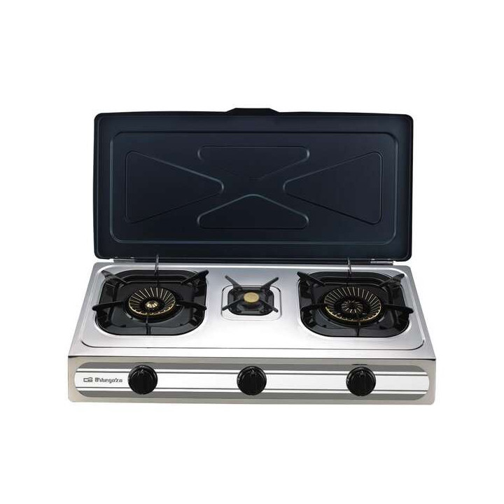 Orbegozo FO 3500 - Hornillo a Gas Compacto y Eficiente - Encendido Piezoelectrico - 3 Quemadores - Cuerpo Inox - Ideal para Ext