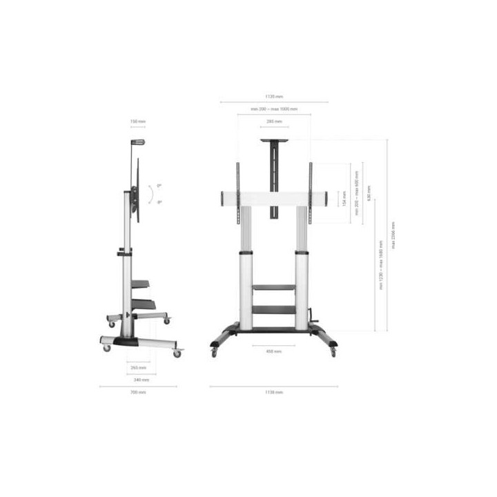 Aisens Soporte de Suelo PRO con Ruedas y Manivela - Bandeja para DVD y Soporte de Camara para Monitor/TV - Hasta 100Kg - De 60