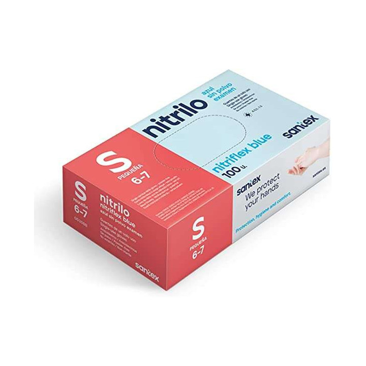 Santex Nitriflex Blue Pack de 100 Guantes de Nitrilo para Examen Talla S - 3.5 gramos - Sin Polvo - Libre de Latex - No Esteril
