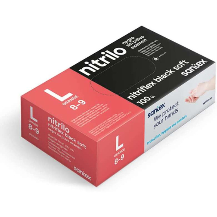 Santex Nitriflex Black Soft Pack de 100 Guantes de Nitrilo para Examen Talla L - 3.5 gramos - Sin Polvo - Libre de Latex - No E