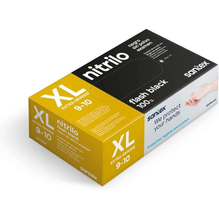 Santex Flash Black Pack de 100 Guantes de Nitrilo Talla XL - 6 gramos - Sin Polvo - Libre de Latex - No Esteriles - Color Negro