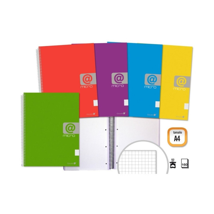 Golden Cuaderno Espiral A4 160 Hojas 60grs Cuadricula 5x5 - Hojas Microperforadas con 4 Taladros y 4 Bandas de Color - Tapa Res