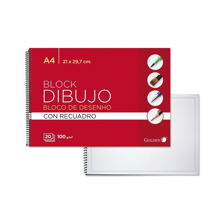 Golden Cuaderno de Dibujo Espiral A4 20 Hojas con Recuadro Interior - Papel de 100gr