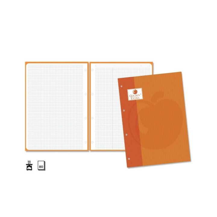 Golden Extra Recambio de 80 Hojas 90gr Cuadricula 4x4 - Formato A4 - 4 Taladros y Banda de Color Naranja