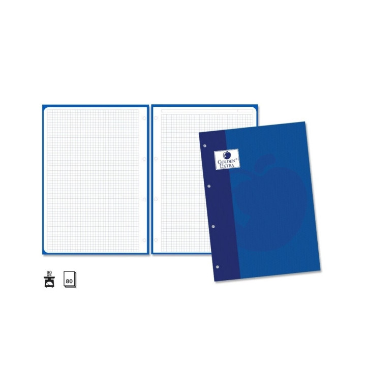 Golden Extra Recambio de 80 Hojas 90gr Cuadricula 4x4 - Formato A4 - 4 Taladros y Banda de Color Azul