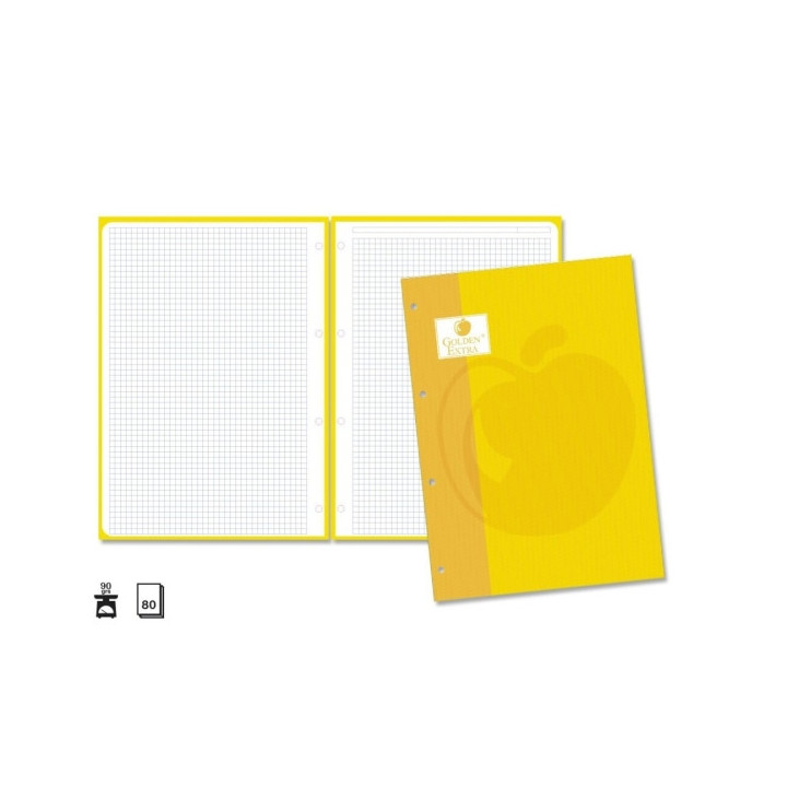 Golden Extra Recambio de 80 Hojas 90gr Cuadricula 4x4 - Formato A4 - 4 Taladros y Banda de Color Amarillo