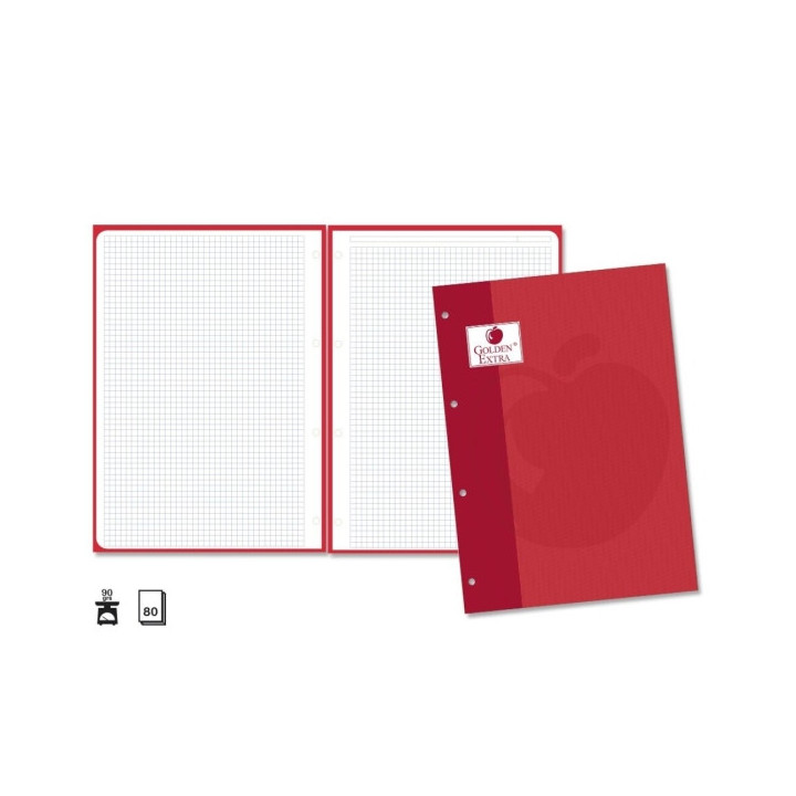 Golden Extra Recambio de 80 Hojas 90gr Cuadricula 4x4 - Formato A4 - 4 Taladros y Banda de Color Rojo